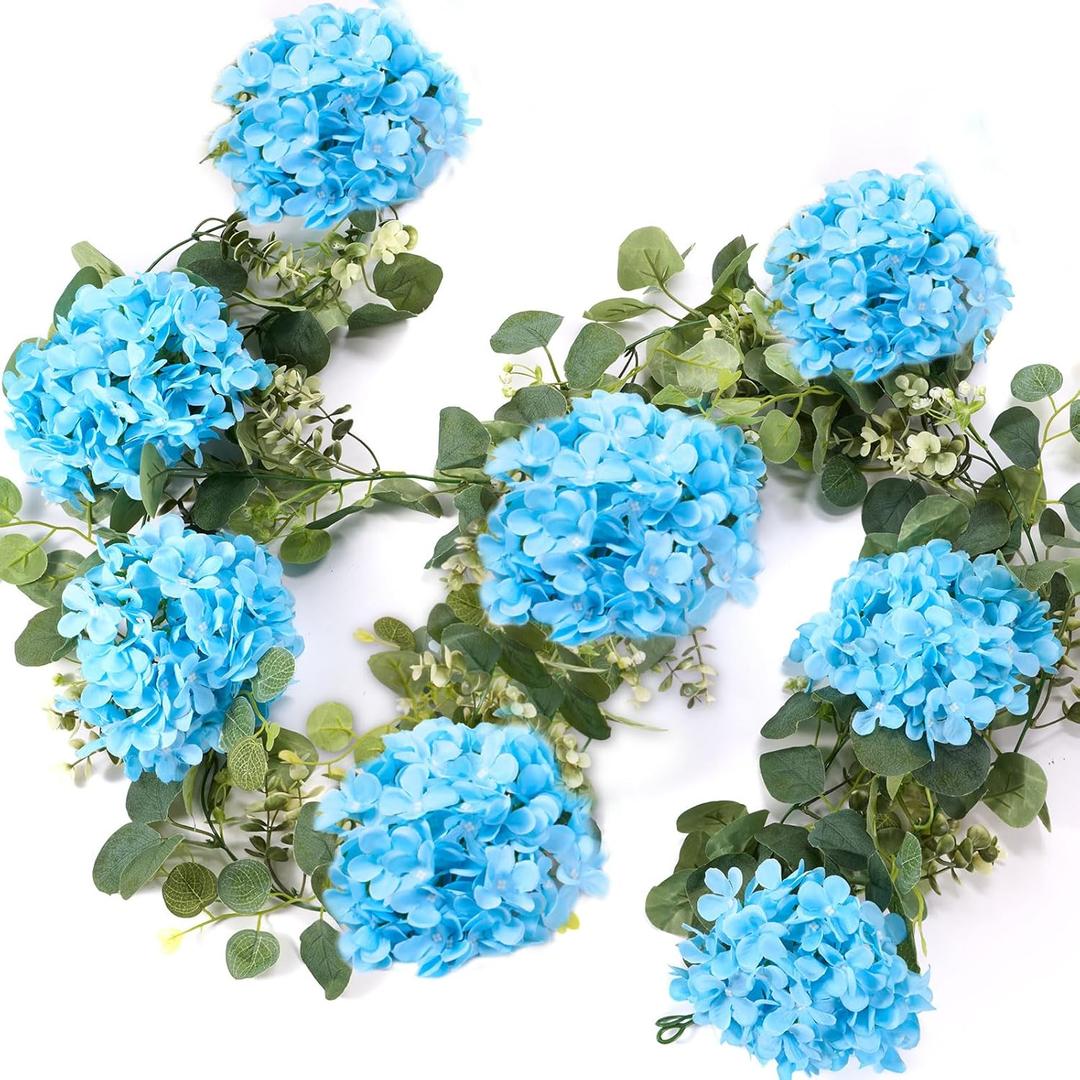 6ft Light Blue Hydrangeas Artificial Floral Garland with Greeny Eucalyptus, Spring Wreath Fake Flowers Vines for Wedding Wall Arch Ceremony Home Table Centrepiece Backdrop Party Decorations