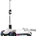 ELECOSMOS Safe Electric Scooter for Kids 4+, Balance for Beginner, Thumb Throttle, Flash Deck, Extra Wide Light Up Big Wheels, Adjustable Heights, 5 MPH Safe Speed, UL2272 Certified (White)