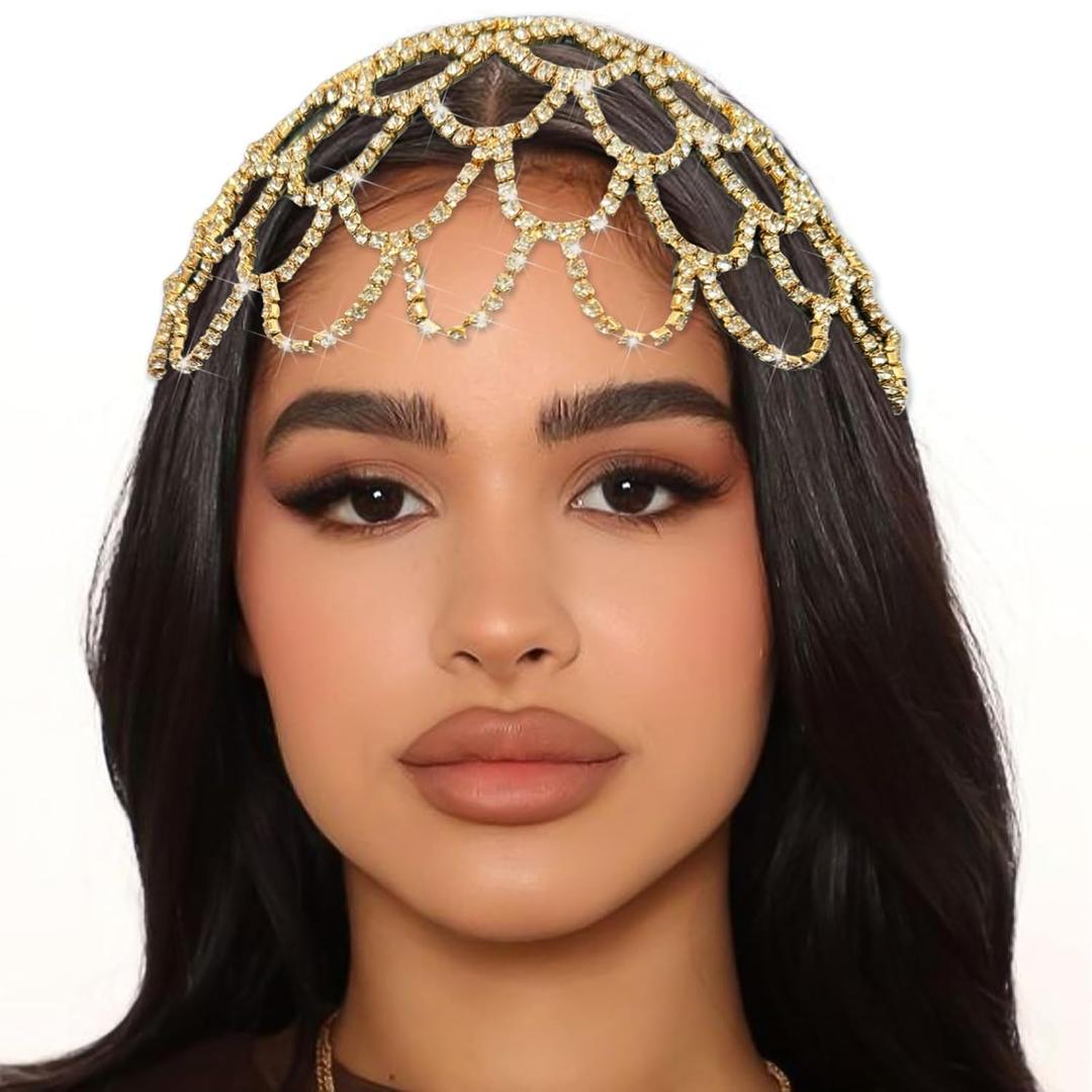 NAISKA Gold Crystal Rhinestone Headpieces Caps Vintage 1920s Mesh Flapper Headband Chain Wedding Bridal Headbands Halloween Party Prom Hair Accessoris for Women and Girls