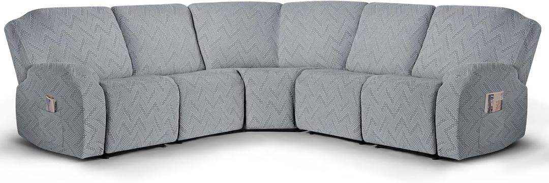 Ruaozz Sectional Sofa Covers Oversized L Shape 5 Seat Recliner Couch Covers - Washable Soft Extra Large Sectional Covers with Pockets (Light Grey)