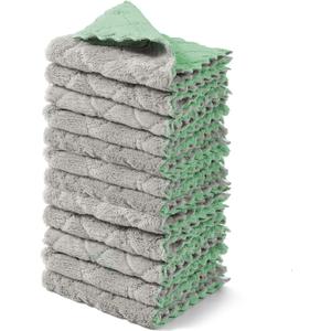 kimteny 12 Pack Dish Towels, 10x10 in Premium Dish Cloths, Super Absorbent Kitchen Towels Coral Velvet Dishcloths Nonstick Oil Fast Drying Washcloths (Green-Grey)