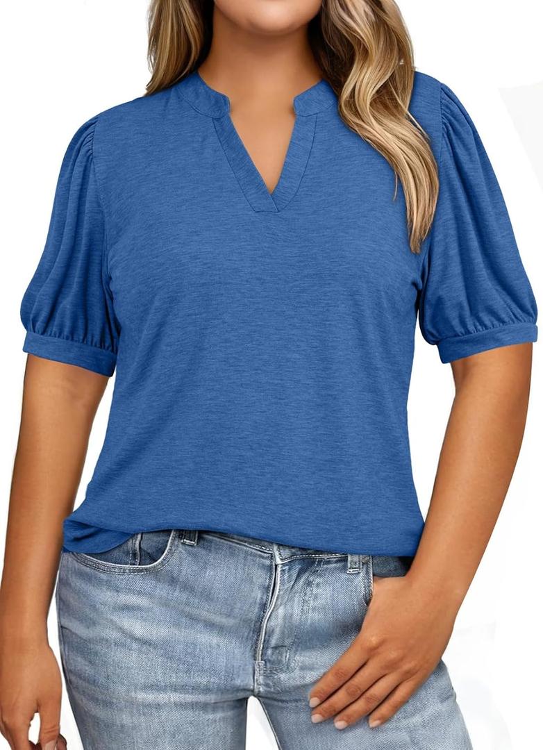 Eytino Womens Plus Size Tops V Neck Puff Short Sleeve Summer Loose Casual Solid Tees Shirts(1X-5X) (XL)