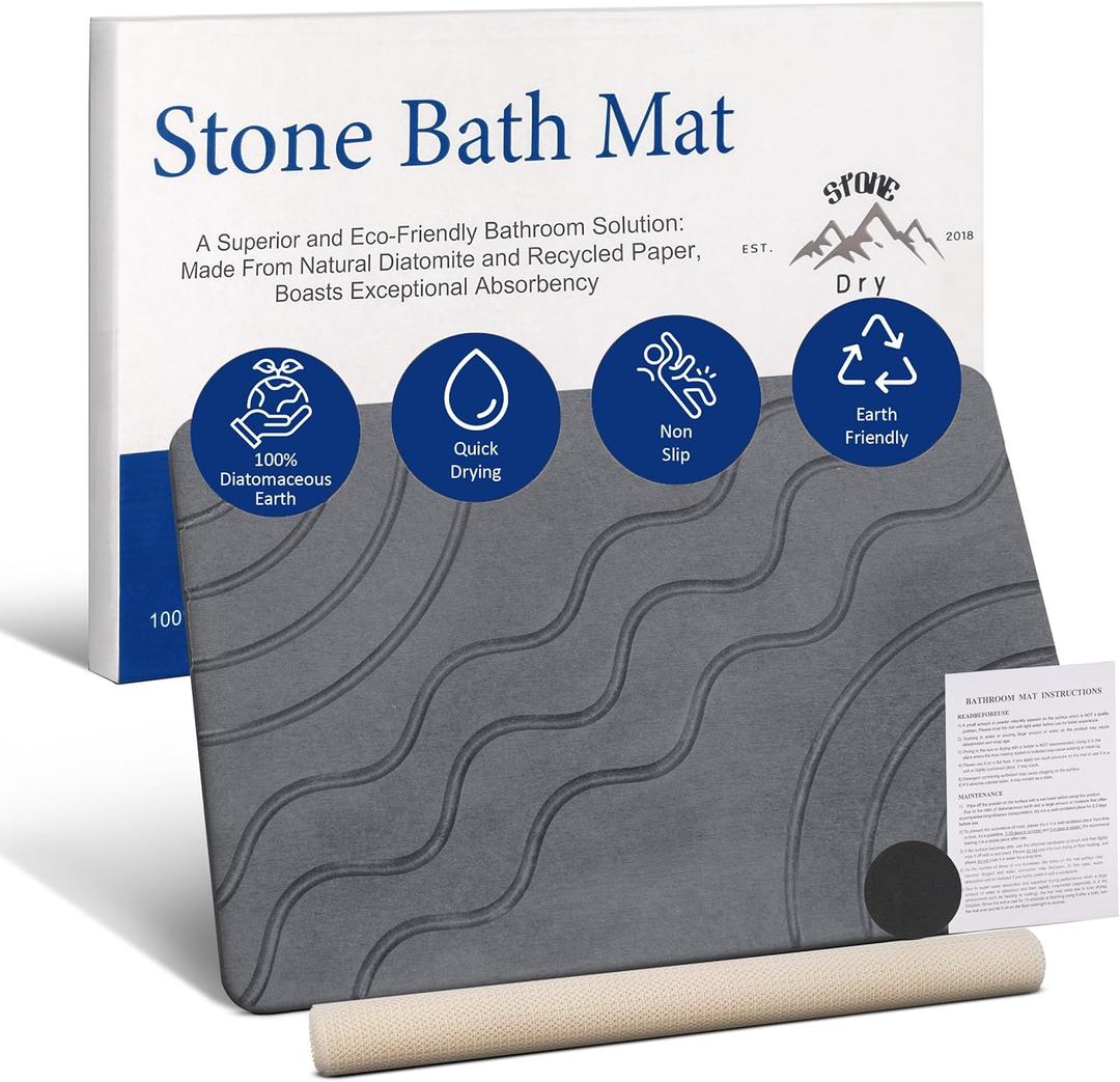 Stone Bath Mat (Large 24x16) | Diatomaceous Earth Stone Shower Mat | Non-Slip, Quick Drying, & Easy to Clean Water Absorbing Diatomite Bath Stone Mat for Bathroom, Kitchen, & Shower (1'3" x 1'11" (Rectangular), Wavy Sun Gray)