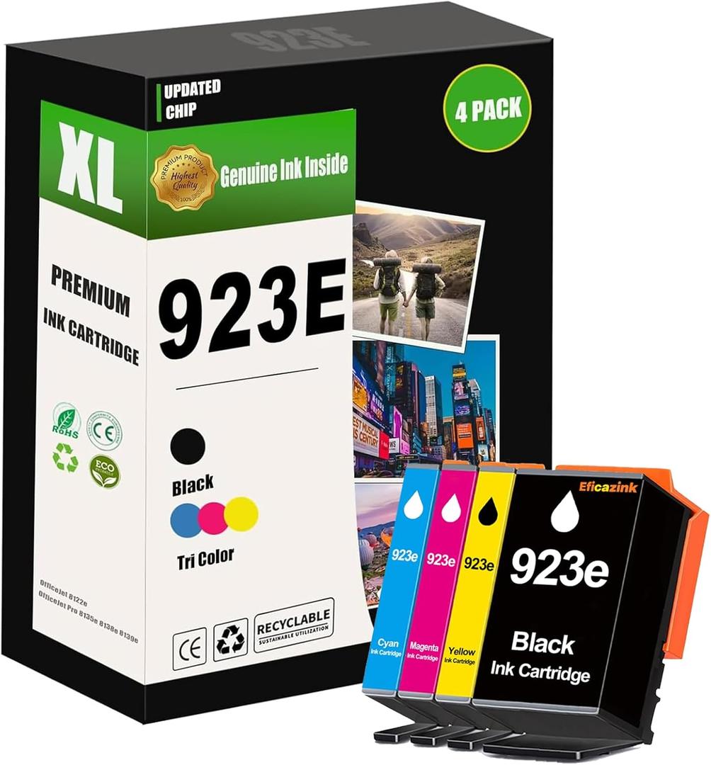 923XL 923E 923 Ink Cartridges Replacement for OfficeJet Pro 8135 8130 8139 8138 8122 8120 8124 8125 8130 8132 8134 PrinterBCMY 4-Pack with Chip