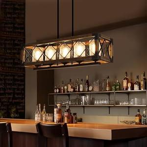 Giluta Rectangle Wood Metal Pendant Light Kitchen Island Chandelier Black Finish Rustic Industrial Chandelier Vintage Ceiling Light Fixture 5 Lights with Glass Shade (17810)