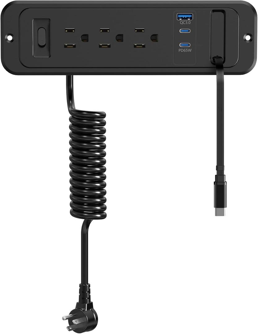 65W USB C Drawer Outlet, HEZI Furniture Recessed Power Strip Plug in 4 USB & (3) 15 Amp AC Outlets, Hidden Charging Station for Desktop ETL Listed.