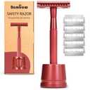 Bambaw Double Edge Safety Razor with Stand, Safety Shaving Razor with 5 Double Edge Safety Razor Blades, Eco-Friendly Razor for Shaving  Red