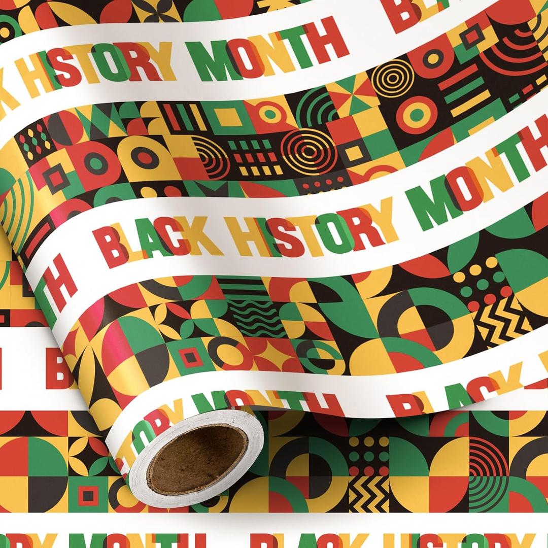 RUSPEPA Black History Month Wrapping Paper Roll, Mini Roll, 17 Inches x 16.4 Feet, Black, Green Red Yellow Geometry Pattern Design Gift Wrap Paper, Bright Colors for African BHM Festival Holiday Party