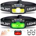 Headlamp Rechargeable 2 Pack, 1300 Lumen Ultra-Bright Head Lamp with Red Light, Waterproof Motion Sensor Head Lights for Forehead with White Green, 14 Modes Adjustable Headlight for Camping (Cool Black)