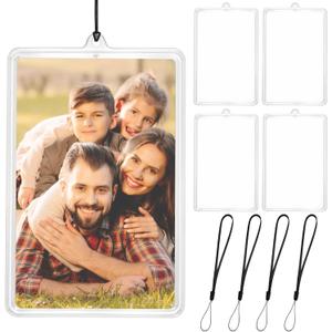 4Pcs Flip-Top Transparent Card Holder Car Hanging Photo Frame with Black Rope, Car Picture Holder Decor, Custom Rear View Mirror Hanging Picture Photo Ornament, 3"L x 2"W