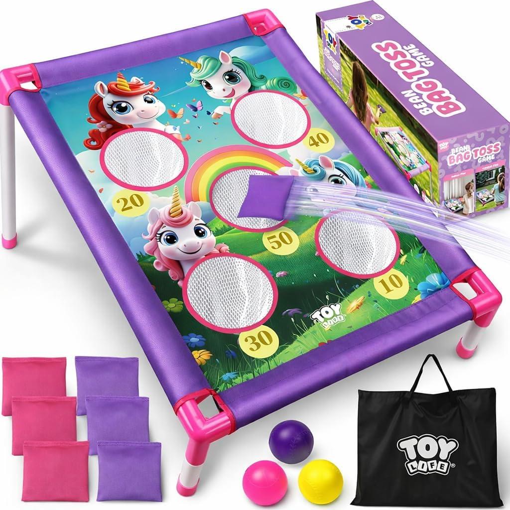 TOY Life Bean Bag Toss Game, Carnival Party Games, Cornhole Set for Kids Outdoor Games, Outside Toys for Kids Ages 4-8, Yard Outdoor Toys for Toddlers 3-5, Gifts for 3 4 5 6 7 Year Old Girls & Boys (Purple & Pink Unicorn)