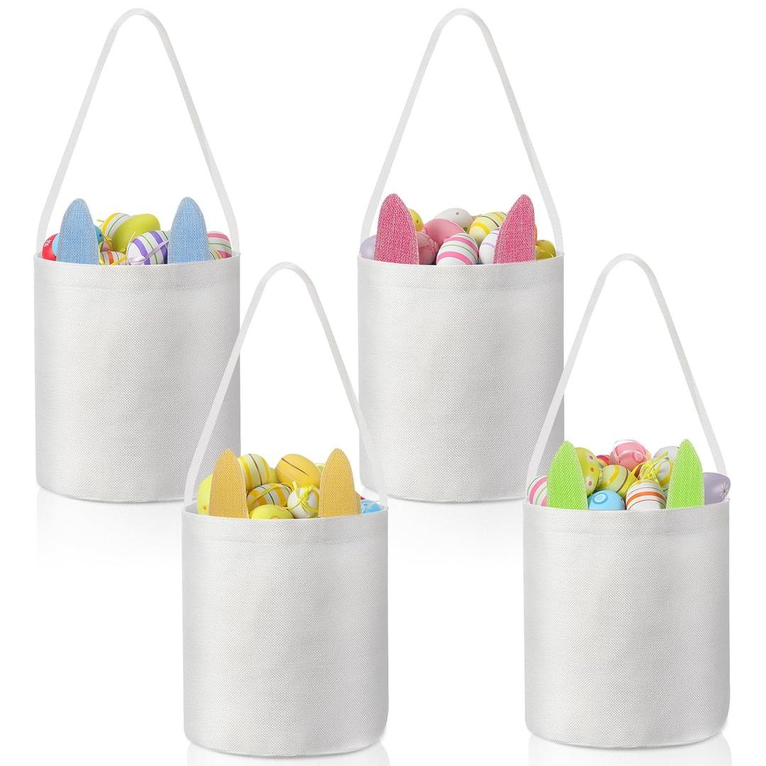 Tioncy 12 Pcs DIY Easter Bunny Baskets Sublimation Blank Rabbit Ear Bags Burlap Tote Eggs Carry Bucket Bunny Gifts Bags for Egg Hunt Party Decorations (White)