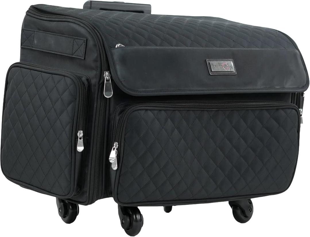 Everything Mary XL Rolling Sewing Machine Case Black Quilted Craft Bag with 4 Wheels Collapsible Organizer Compatible with Brother, Singer & Most Sewing Machines, XXL