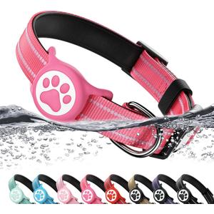 Airtag Dog Collar, Reflective Ultra-Durable Nylon Padded with QR Code Buckle & IP68 Waterproof Air Tag Holder Compatible for Apple AirTag, Comfortable for Small Medium Large Dogs(Hot Pink,S)