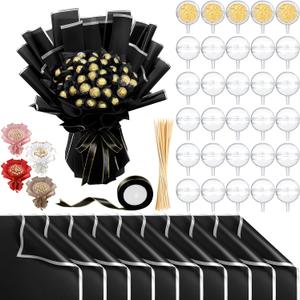71 Pcs DIY Chocolate Flower Bouquet Kit Graduation 2026 Candy Rose Clear Acrylic Lollipop Ball Holder Mother's Day Flower Wrapping Paper Ribbon Accessories Birthday Gift(Black and Silver)