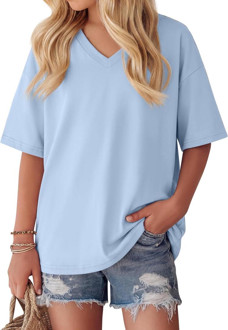 Oakgarden Girls' Shirts 5-14 Years Oversized Short Sleeve Summer T-Shirts V Neck Drop Shoulder Top Kids Casual Basic Cute Tee (Blue)