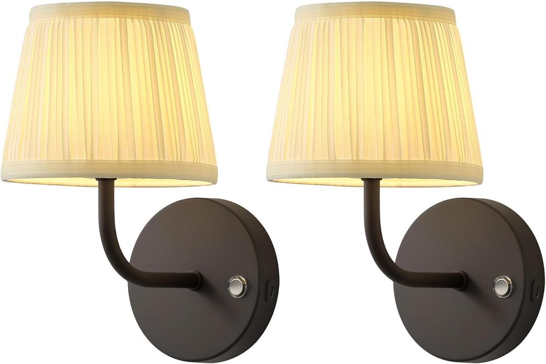 PUSU LED Cordless Black H9.6 inch Small Wall Sconces Set of 2, Rechargeable 5200mAh Battery Operated Fabric Wall Lamp with Remote, Lighting for Living Room, Bedroom, Hallway, Bathroom, Stairs, Kitchen