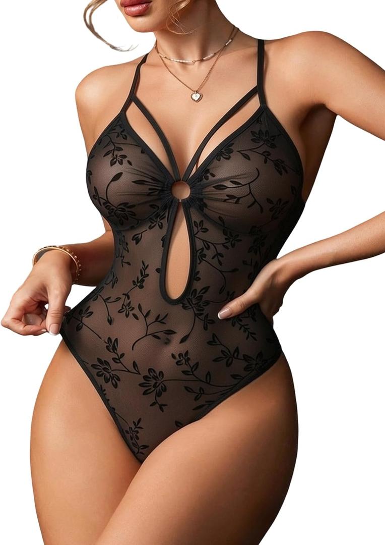 Avidlove Lingerie for Women Sexy Teddy Mesh Sheer Chemise Strappy Bodysuit One Piece Babydoll Snap Crotch (Large, Black Leopard Print)