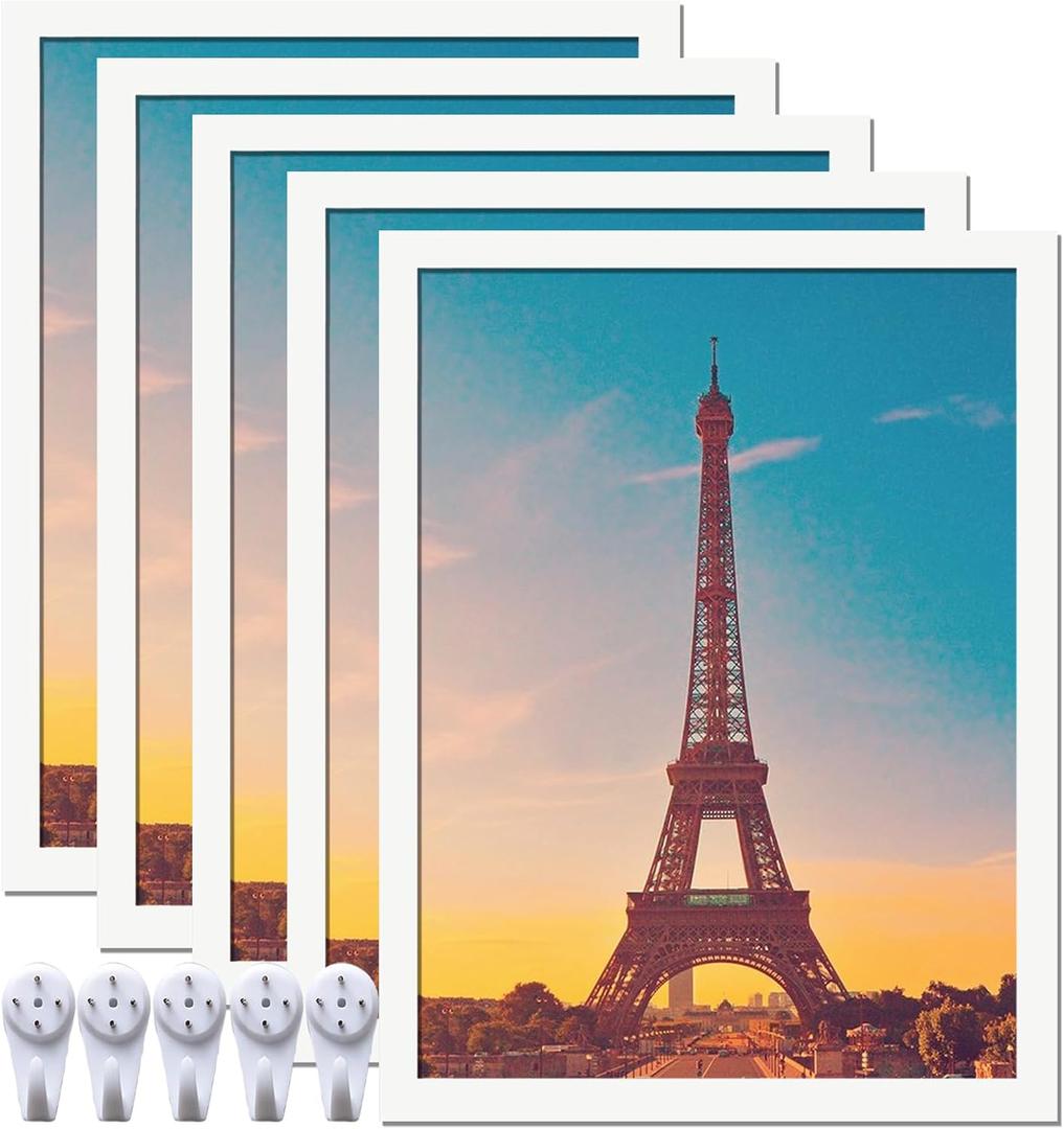 12x16 Picture Frame Set of 5, White Photo Frames High Transparent Wall Gallery Desktop Horizontal Vertical for Canvas Collage Photo Poster Certificate 12 x 16 inches
