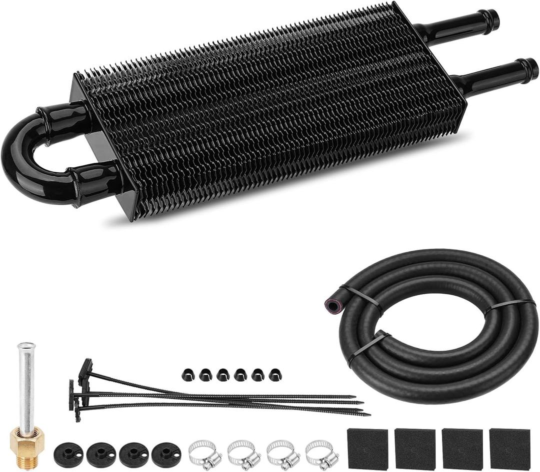 Upgrade 2 Pass Aluminium Transmission Oil Cooler, 5/16" Universal 2 Rows Tube And Fin Cooler Kit Engine With Hose Mounting, Black