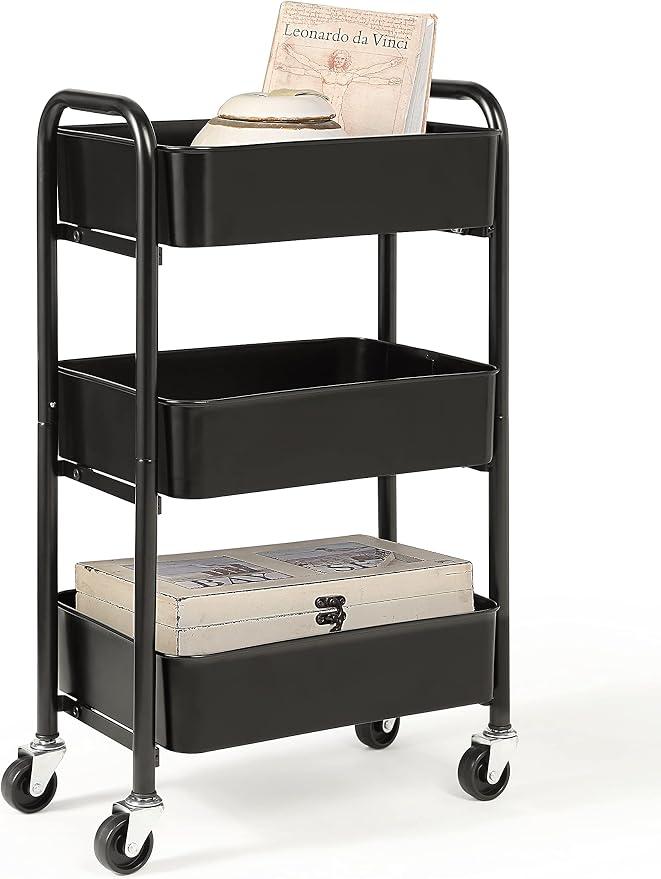 3-Tier Delicate Compact Rolling Metal Storage Organizer - Mobile Utility Cart Kitchen/Under Desk Cart with Caster Wheels - BLK