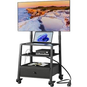 GYIIYUO Rolling TV Stand with Mount and Fabric Drawer for 32-75" TV - Entertainment Center with Charging Station and Industrial TV Console Table for Living Room, Bedroom - Black (19 in)