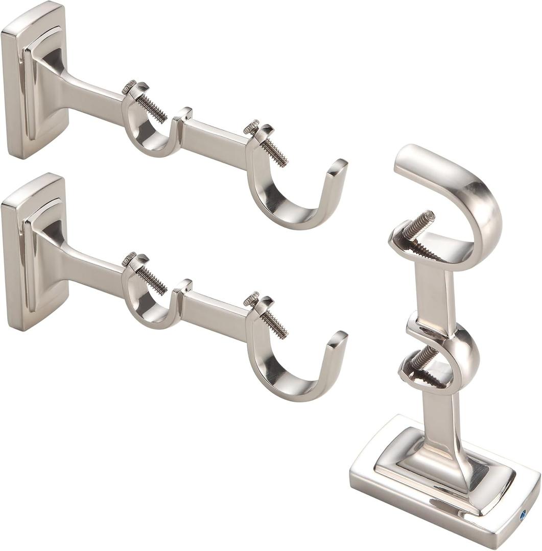 Set of 3, Hardware Curtain Rod Brackets for 3/4" or 1" Rods, Brushed Nickel Wall Curtain Rod Hooks, Adjustable Double Bracket Curtain Rod Holder