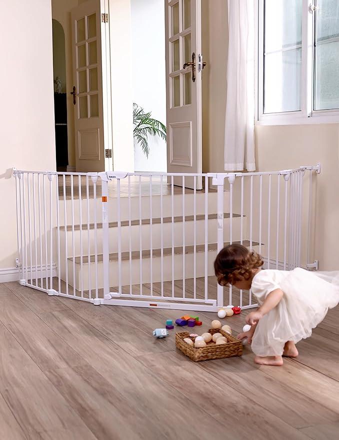 Babelio 104" Extra Wide Baby Gate, AdaptiZone, 5 Metal Panels
Hardware Mounted Dog Fence for Stairs, Kitchen, Doorways & Fireplace, Foldable Metal Panels, Auto Close, White