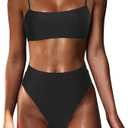 Women High Wasited Bikini Shoulder Strap 2 Piece High Cut String Swimsuits, M