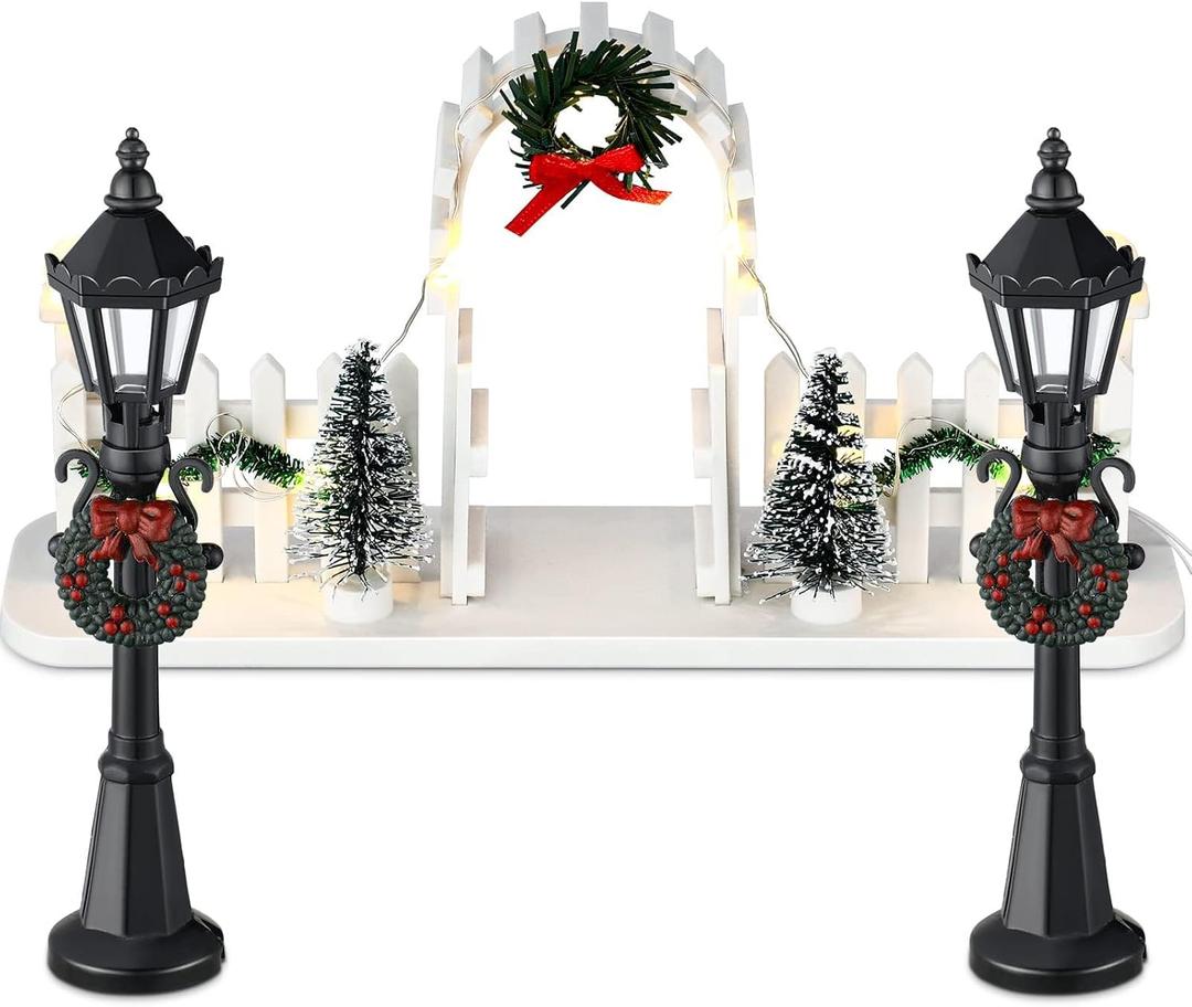 Zhengmy 3 Christmas Village Sets, 2 Miniature Street Lights for Mini Lamp Decorative Dollhouse Streetlight, and Gate Lit Figurine Landscape Fence with LED