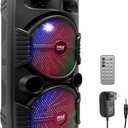 Pyle Portable Bluetooth PA Speaker System - 600W Rechargeable Outdoor Bluetooth Speaker Portable PA System w/ Dual 8” Subwoofer 1” Tweeter, Microphone In, Party Lights, USB, Radio, Remote - PPHP2835B