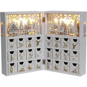 Christmas Wooden Advent Calendar Book with LEDs White & Gold Christmas Reindeer Countdown Holiday Gifts with 24 Drawers Adults Kids Home Decoration (White&Gold)