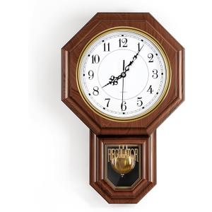 KANEODOT Regulator Wall Clock with Pendulum,Imitation Red Wood Plastic Wall Clock Battery Operated,Vintage Decorative Wall Clocks for Living Room,Farmhouse,Office,Bedroom,Kitchen,Wall Decor