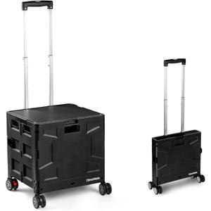 CleverMade Collapsible Wheeled Crate, 55L Capacity, 4 Double Wheels, Foldable with Lid, Black