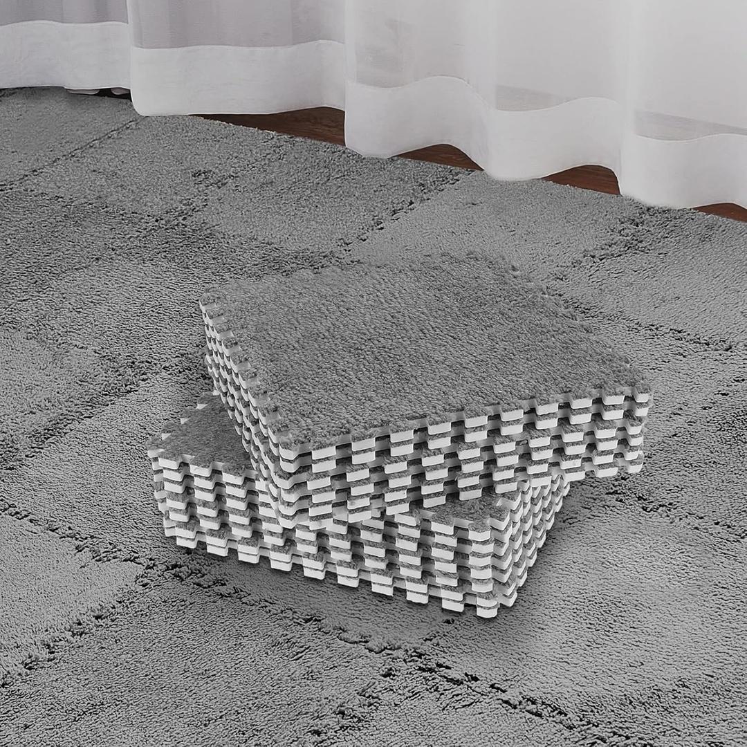Amylove 36 Pack Plush Foam Floor Mat Square Interlocking Carpet Tiles with Border Fluffy Play Mat Floor Tiles Soft Climbing Rugs for Bedroom Playroom, 12 x 12 x 0.4 in(Gray)