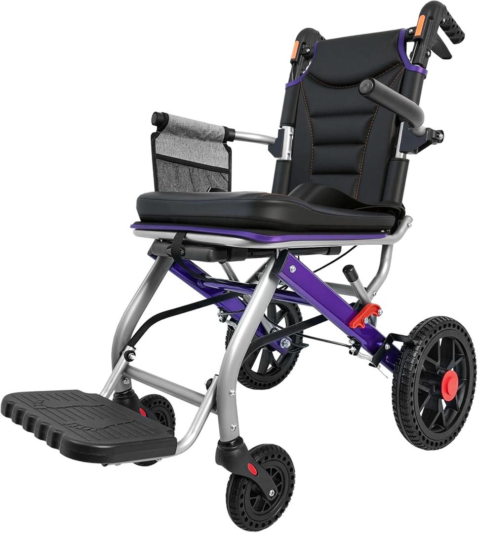 Ultra Lightweight Folding Wheelchair for Seniors & Adults, Portable Transport Chair, 12" PU Rear Wheels, Supports 300lbs, Compact for Daily Use & Travel