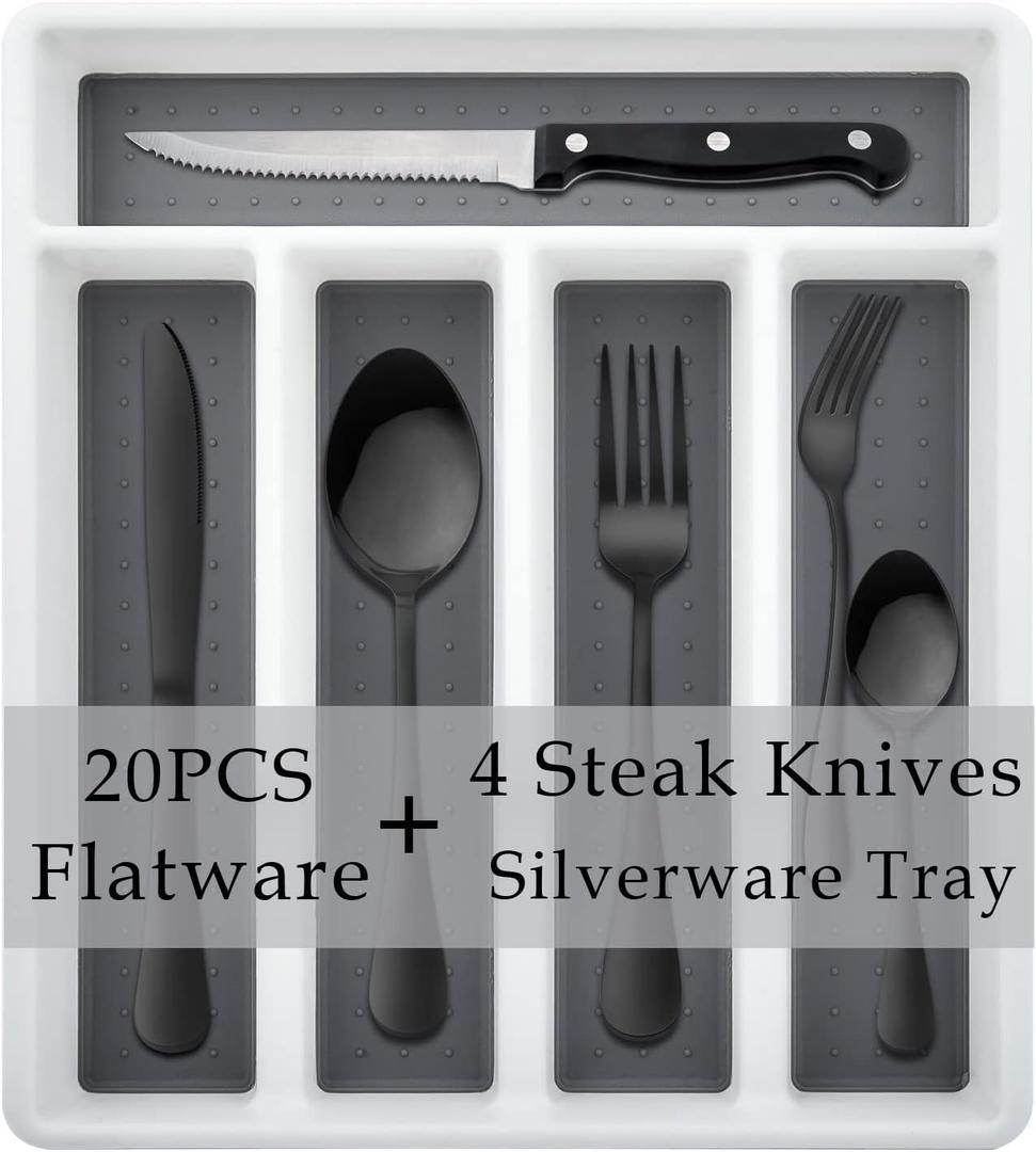 HaWare 24-Piece Silverware Set with Flatware Drawer Organizer, Stainless Steel Cutlery with 4 Steak Knives, Eating Utensils Service for 4, Mirror Polished, Dishwasher Safe-Black