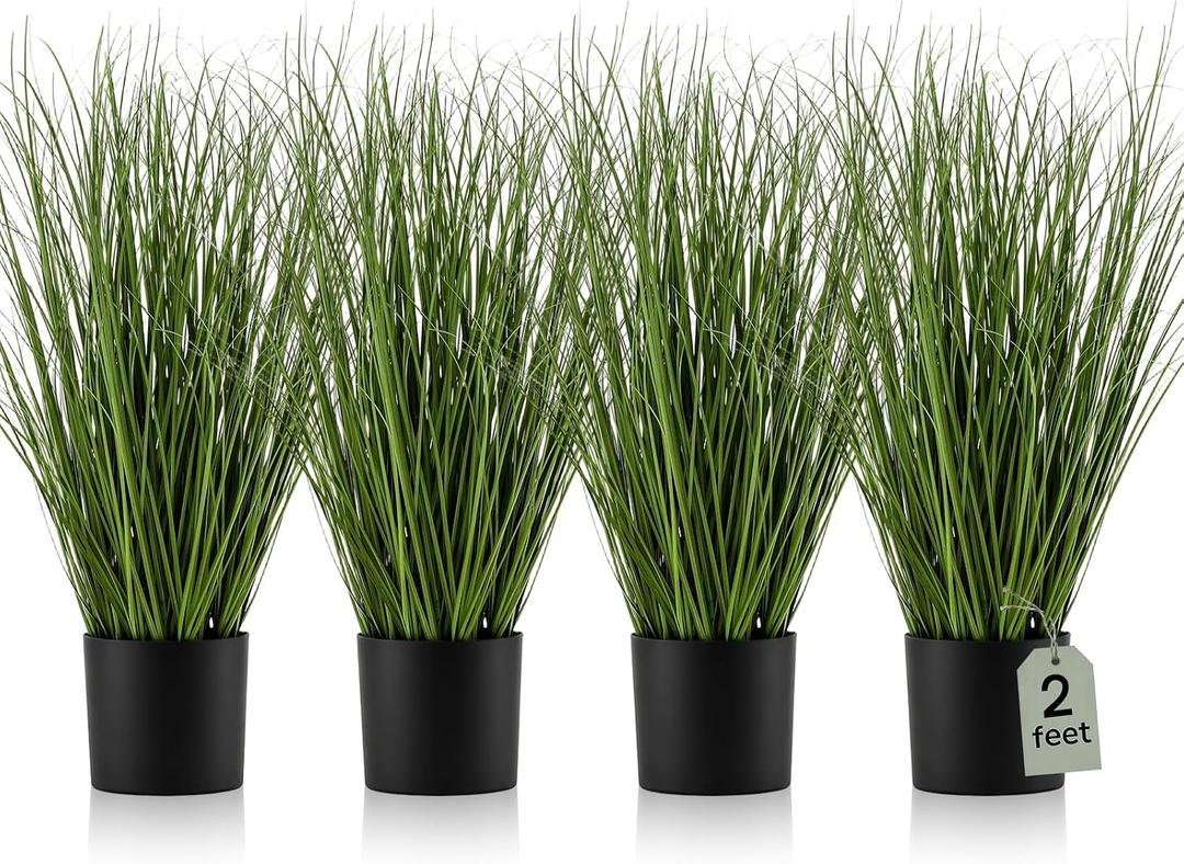 Jexine 4 Pieces 2 ft Tall Artificial Grass Plant Potted Artificial Greenery Floor Plants Fake Pampas Grass Tall in Pot for Housewarming Gift House Garden Bathroom Lobby Indoor Outdoor(Spring)