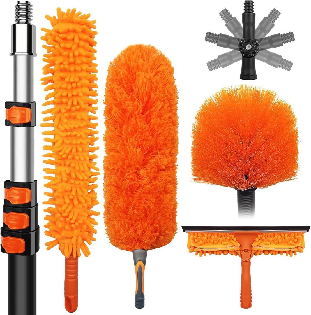 DALTACK 28 Foot High Dusters Kit for Cleaning with 5-20 Foot Heavy Duty Extension Pole, Extendable Reusable Cobweb, Feather, Ceiling Fan Cleaner Duster, Window Squeegee Kit