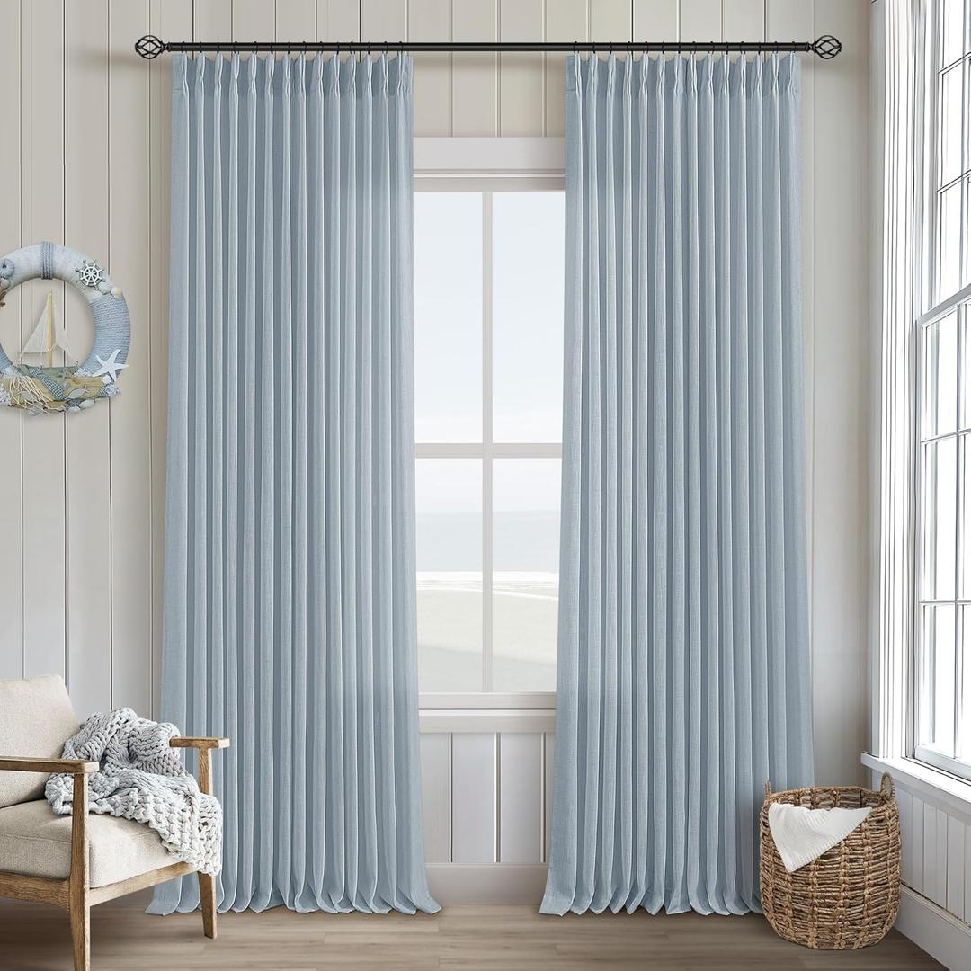 Blue Grey 90 Inch Linen Curtains Pinch Pleated for Living Room Bedroom Dining Boho Coastal Light Filtering Pinch Pleat Drapes Hooks Rings Back Tab Semi Sheer Dusty Blue Window Curtains 2 Panels