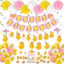 Outus 77 Pcs Pink Ducky Party Decorations Cute Duck Happy Birthday Party Accessory Include Lovely Duck String Hanging Banner Pom Pom Flowers Hanging Swirls Latex Balloons Cupcake Topper for Birthday : Toys & Games