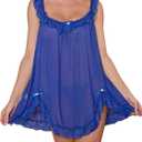 OYOANGLE Women's 2 Piece Mesh Sheer Floral Lace Babydoll Slip Dress Nightgowns and Thong Lingerie Set (Large, Blue)