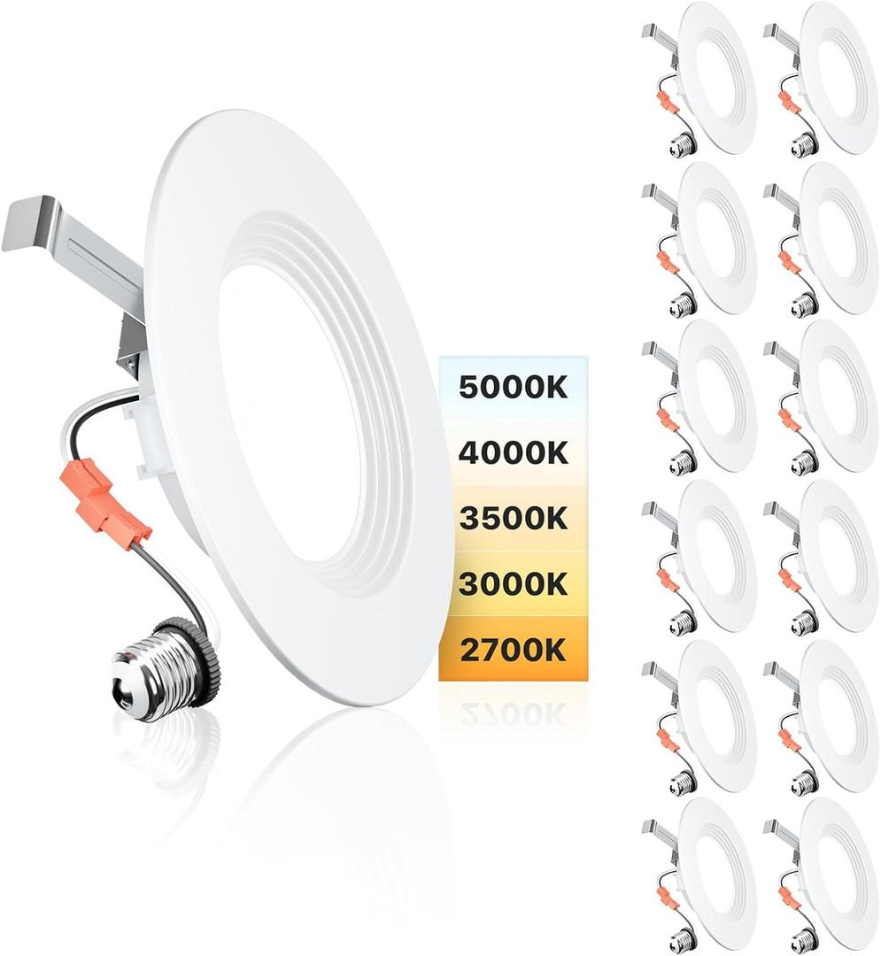 Ensenior 5/6 Inch 5CCT LED Can Lights 12 Pack, Retrofit Led Recessed Lighting, Baffle Trim, Dimmable, 9W=110W, 1000LM, 2700K/3000K/3500K/4000K/5000K Selectable, IC Rated - ETL & FCC