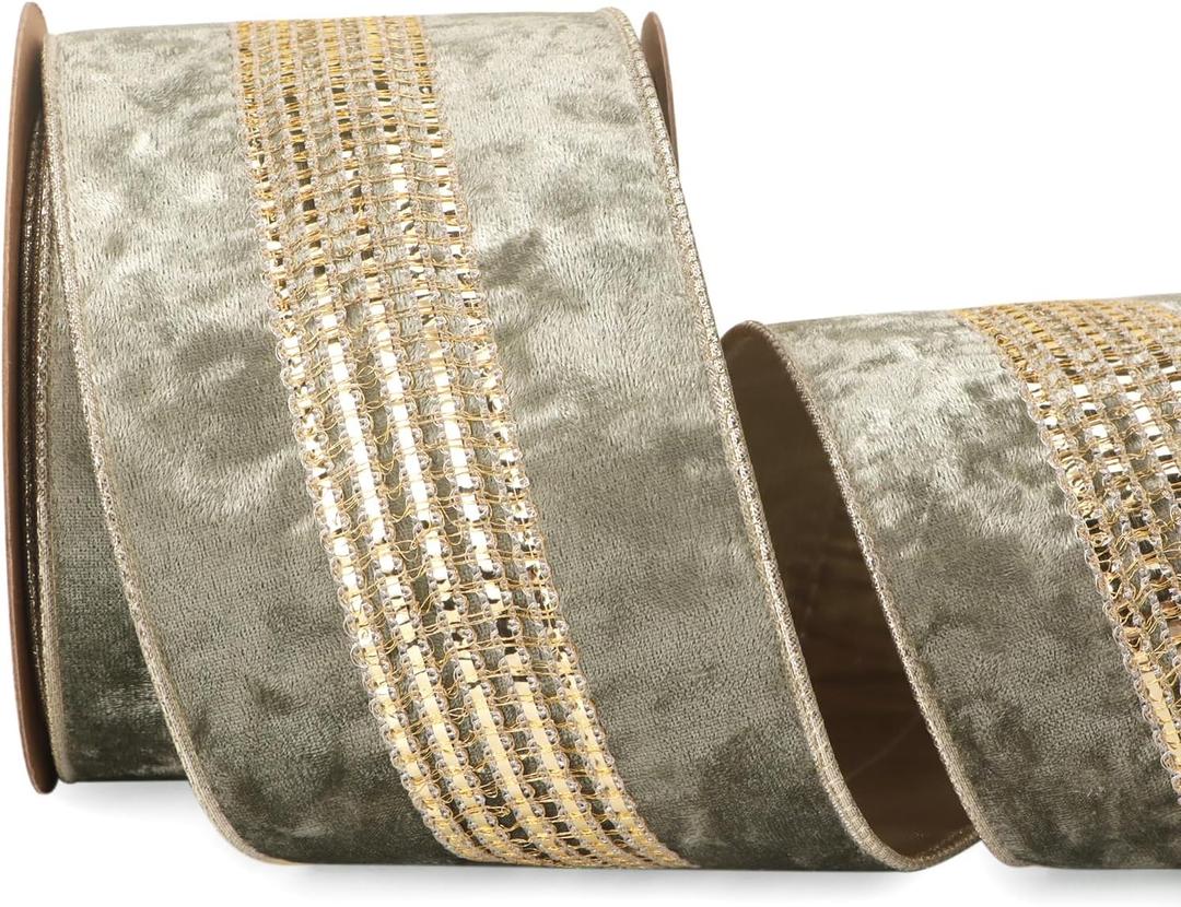 Ribbli Dusty Green Velvet Wired Ribbon with Luxurious Glittering Stripe 4 Inch Christmas Ribbon for Tree Gift Wrapping Wreaths Garland Topper Bows Crafts Home Decor -10 Yards