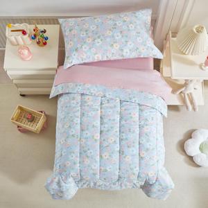 Joyreap 4 Piece Cotton Toddler Bedding Set for Girls- Colorful Flowers on Bluish Violet Design Toddler Comforter Set, Includes Quilted Comforter, Fitted Sheet, Top Sheet, and Pillow Case.All Pieces are Measured to Fit a Standard Size Toddler Bed.