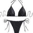 SOLY HUX Women's Polka Dots Print Bathing Suit Halter Triangle Tie Side Bikini Sets Two Piece Swimsuit Black and White Printed Small