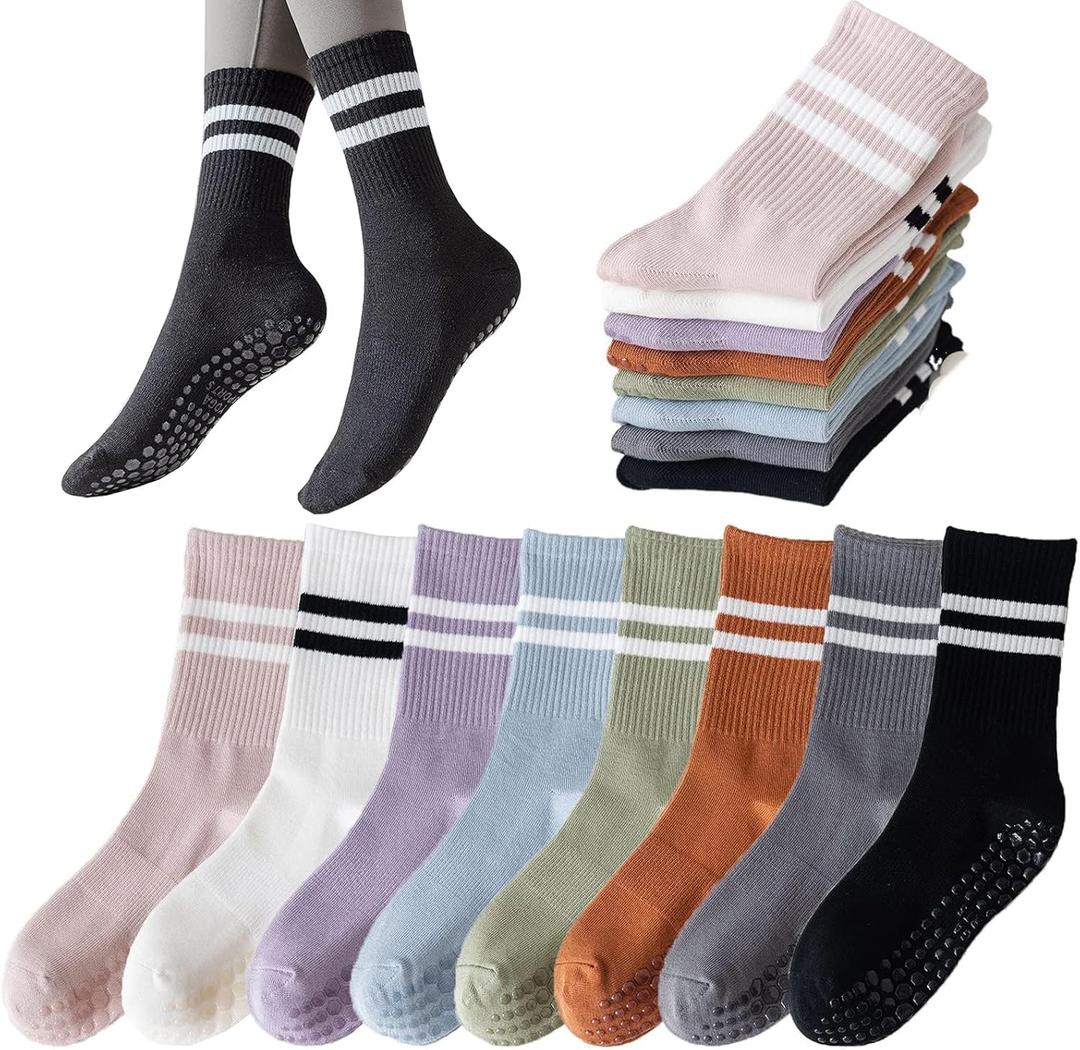 Tergy 8 Pairs Long Yoga Socks with Grip for Women Anti Skid Gripper Socks No Slip Socks for Pilates, Barre, Dance,Yoga (One Size, Stripe-style 1)