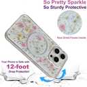 Cute Real Flowers for iPhone 16 Pro Case [Compatible with MagSafe] Glitter Magnetic Cover with Pressed Dried Floral Phone Case for Girly and Women - Clear Sparkly