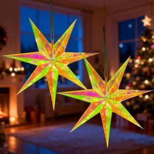 2Pcs 24" Large Star Lanterns, LED Iridescent Christmas Hanging Star Lights, Upgraded Plastic Lanterns with 8 Lighting Modes for Indoor & Outdoor Holiday Decoration (Battery Not Included)