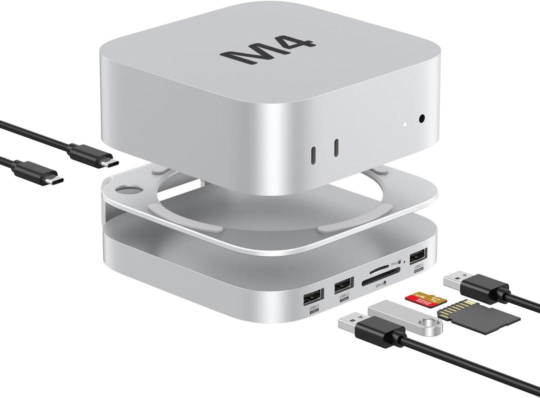 Akyyajaure Mac mini Hub: 9 in 1 Aluminum Stand & Dock for Mac mini M4 Pro with M.2 NVMe SSD Enclosure, 10Gbps USB-A*2, SD/TF Card Readers, USB 2.0